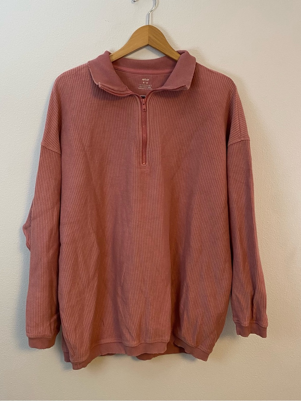 Aerie Ribbed Collared 1/4 Zip Pullover Pink Comfy‎ Oversized Womens Medium